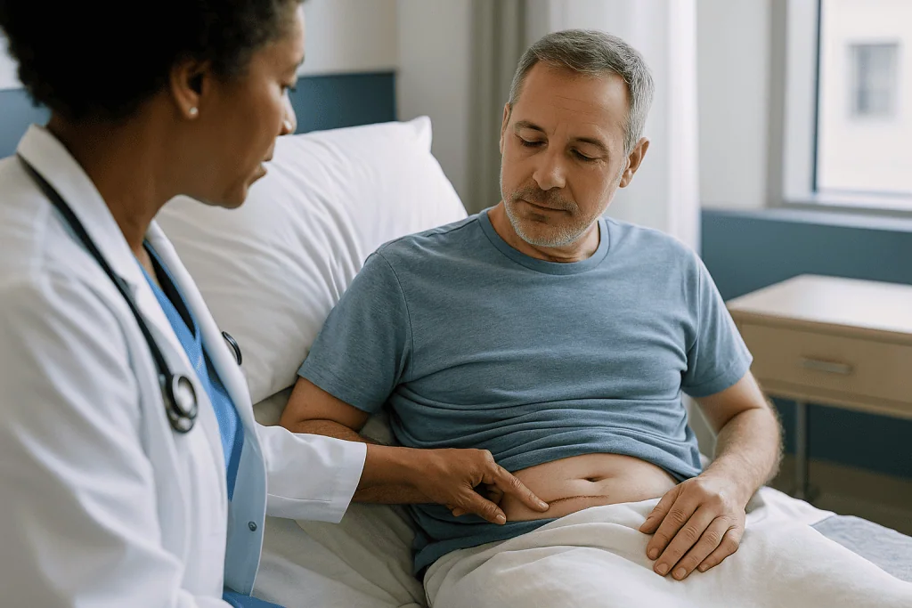 Doctor examining patient abdomen during consultation — How long is appendectomy recovery time? Laparoscopic vs open at a glan