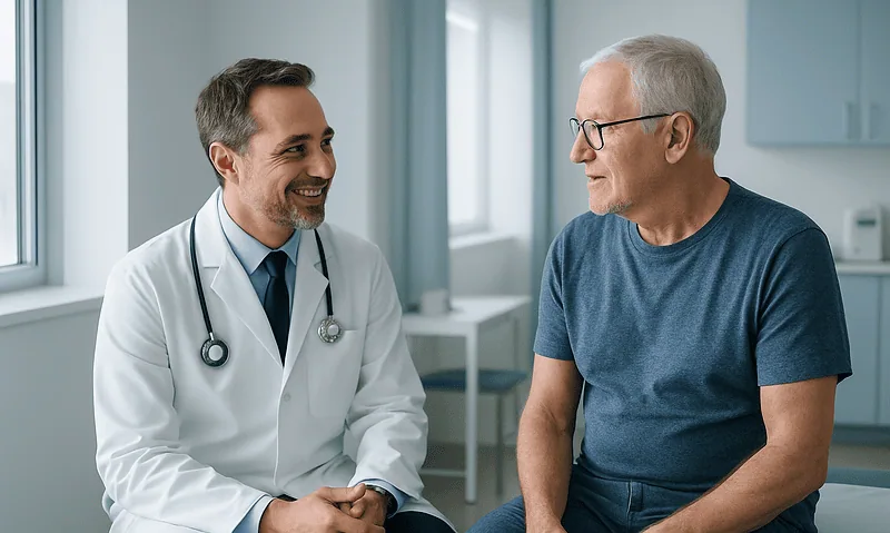 Urologist consulting with an elderly male patient in a medical office.