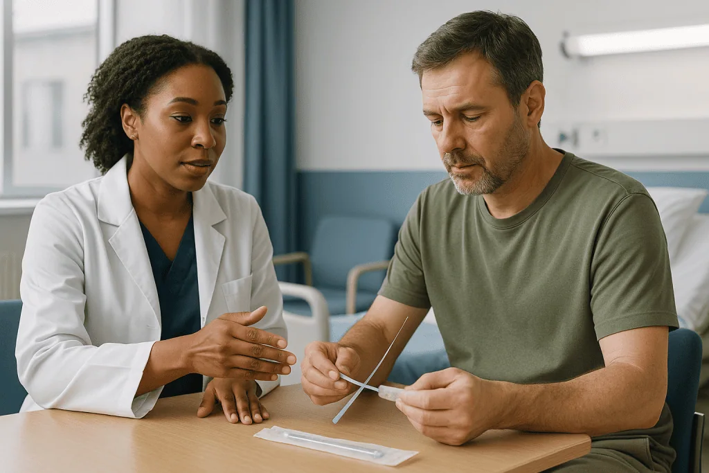 Doctor consulting patient with medical device or swab: How long is catheter training? What the sessions look like