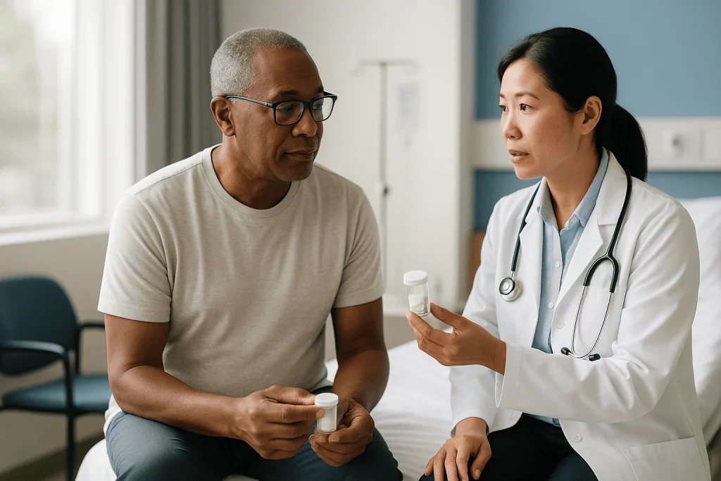 Doctor consulting with male patient about medication: How long is dual antiplatelet therapy after a stent?