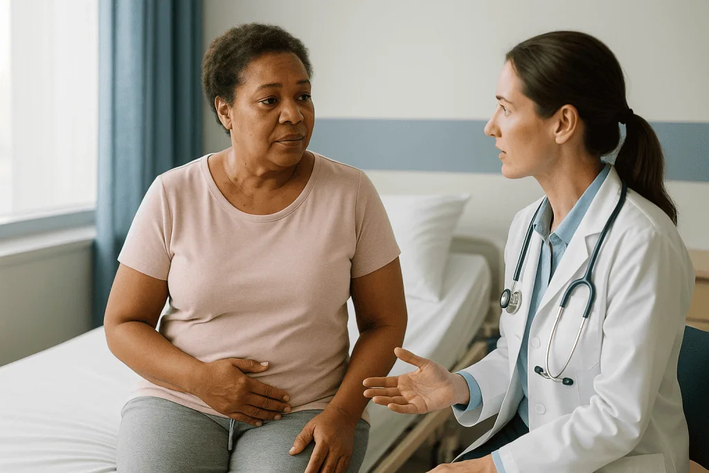 Doctor consulting with middle-aged female patient in hospital: How long is hysterectomy recovery time, really?