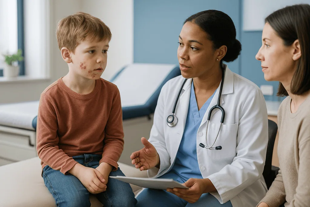 Doctor consulting with child patient and mother about skin condition: How long is impetigo contagious without treatment?