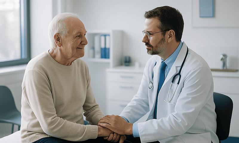 Doctor consulting with elderly patient in a medical office.
