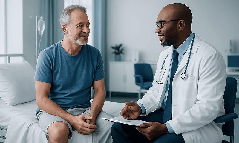 Doctor consulting with an elderly male patient in a hospital room.