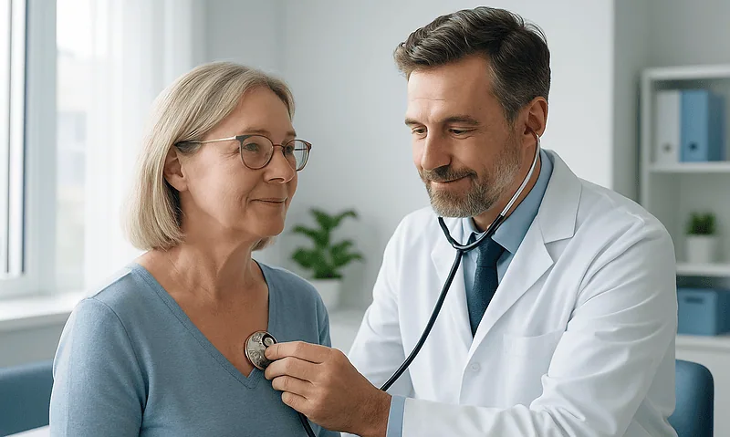 Doctor listening to a senior woman's heartbeat with a stethoscope in a clinic.