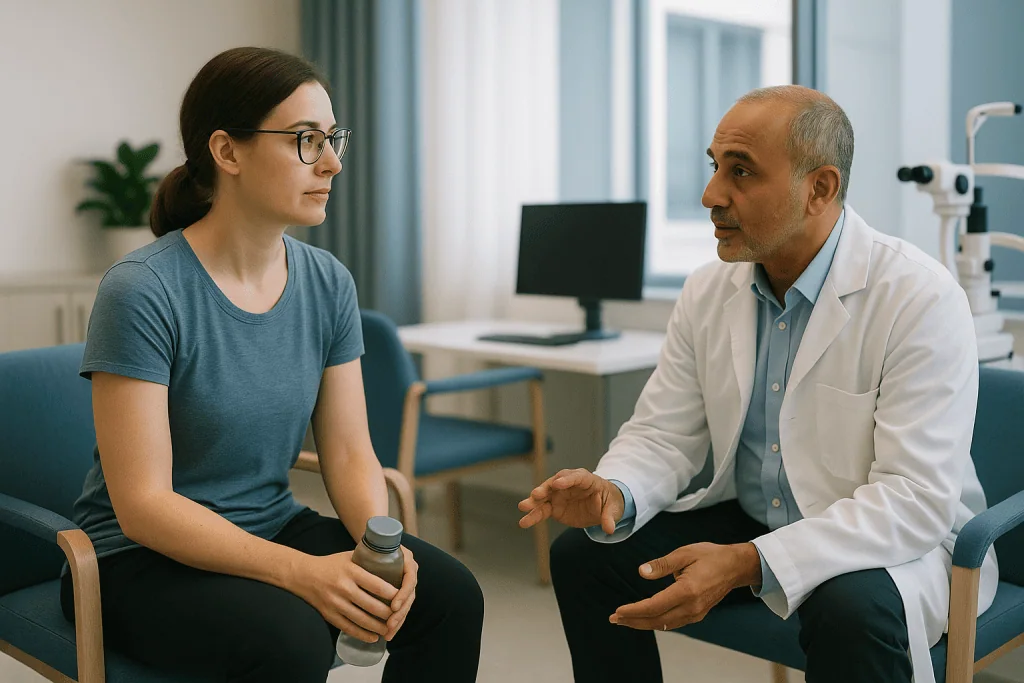 Doctor consulting with patient in medical office: How long is SMILE eye surgery recovery time, really?