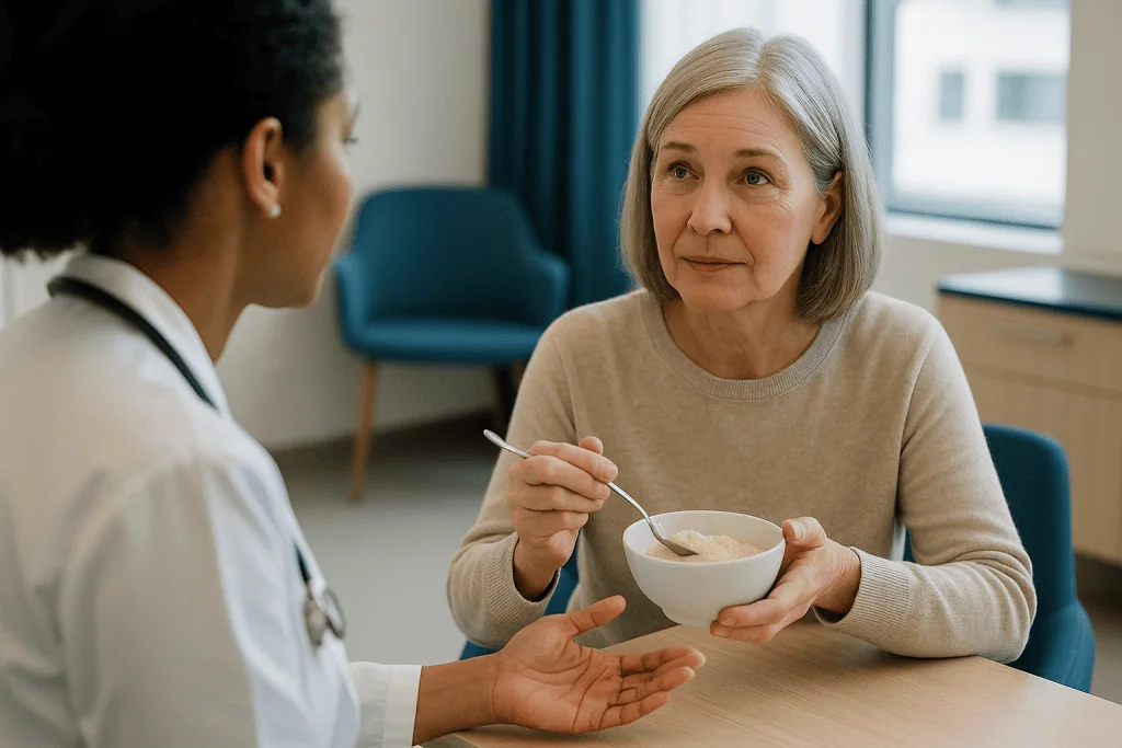 Older woman eating soup while speaking with healthcare professional: How long is the all on 4 healing timeline from surgery 