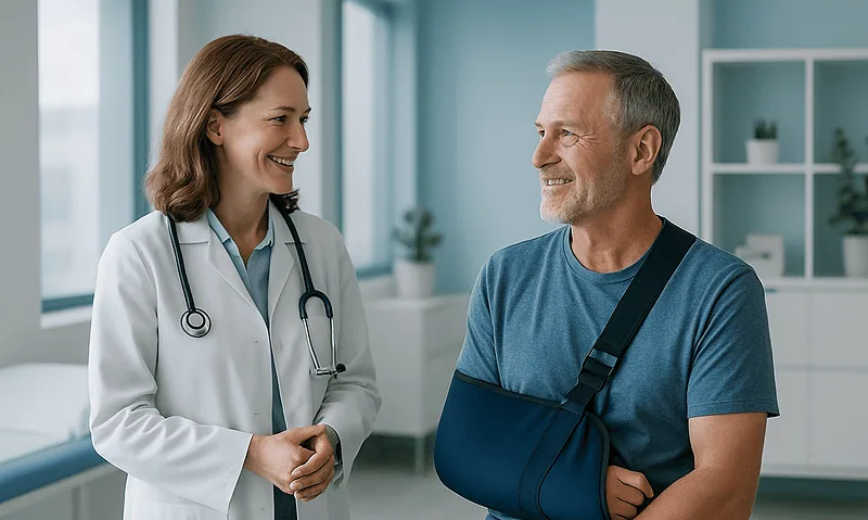 Doctor consulting with a patient with arm injury in a hospital.