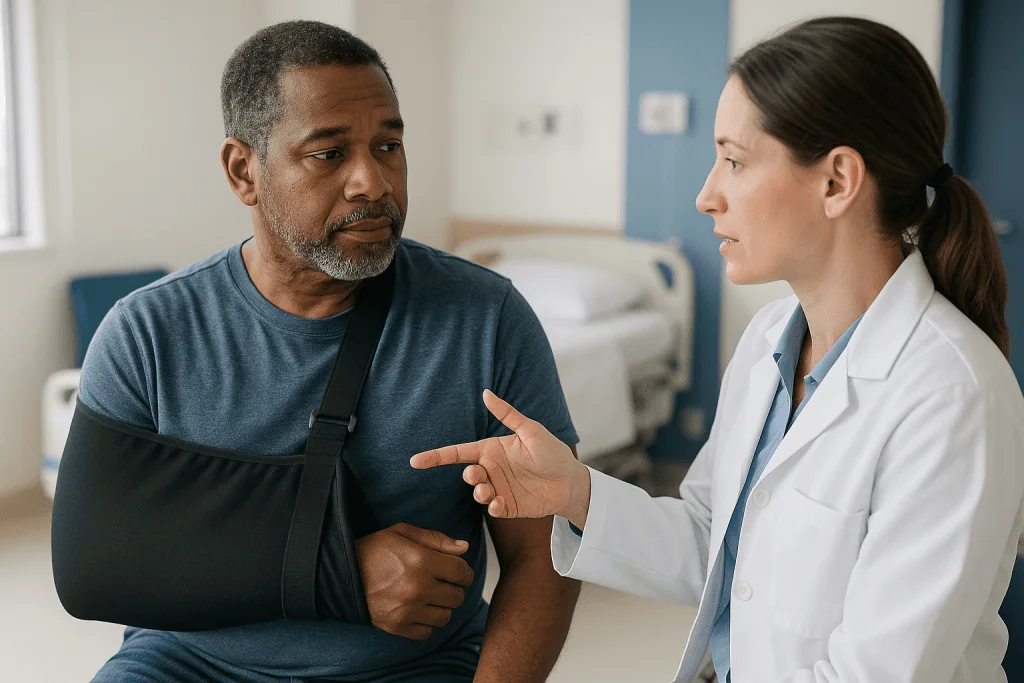 Doctor consulting male patient wearing arm sling indoors: How long is the sling worn after rotator cuff repair? The typical 