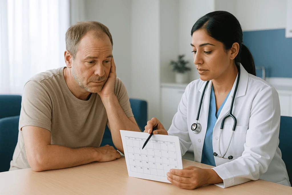 Doctor consulting with male patient about calendar schedule: How long is too long? The three-month line most guidelines draw