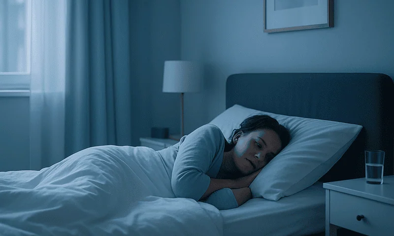 Woman lying in bed, appearing to have trouble sleeping at night.