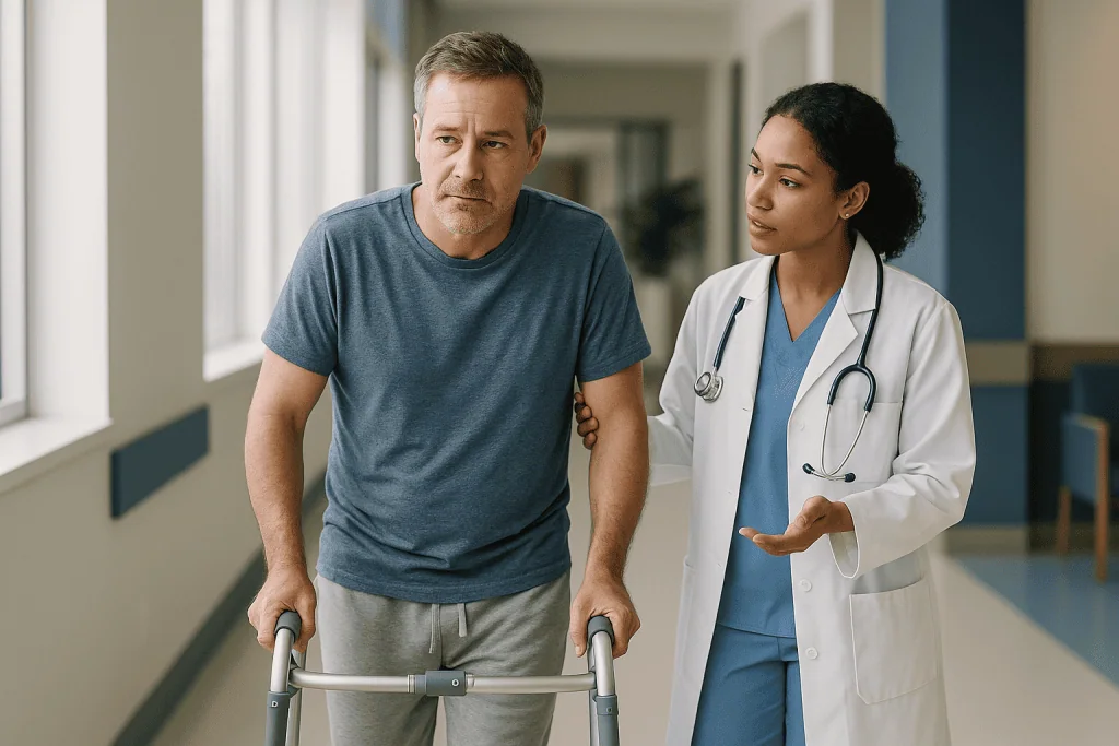 Doctor consulting male patient in hospital corridor: How long is urethroplasty recovery? The typical timeline, stage by stag