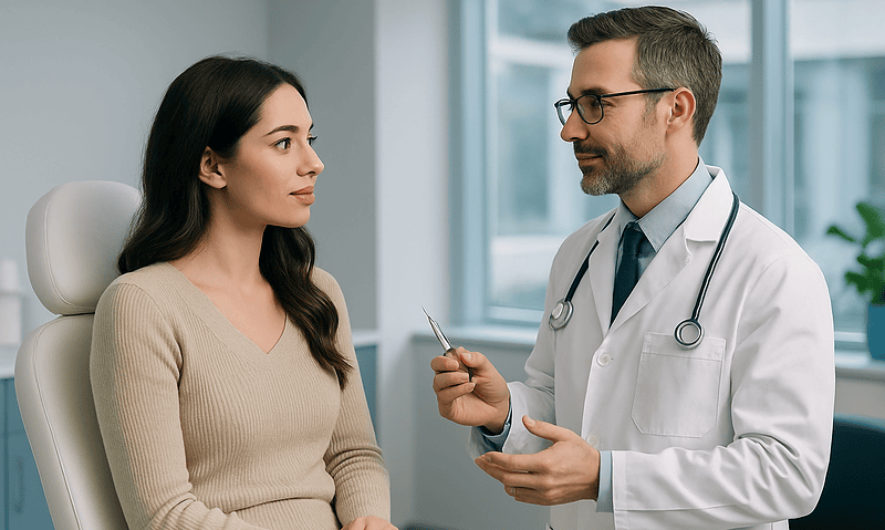 Doctor consulting with a woman patient in a medical office.