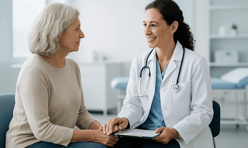 Doctor consulting with an elderly woman in a medical office setting.