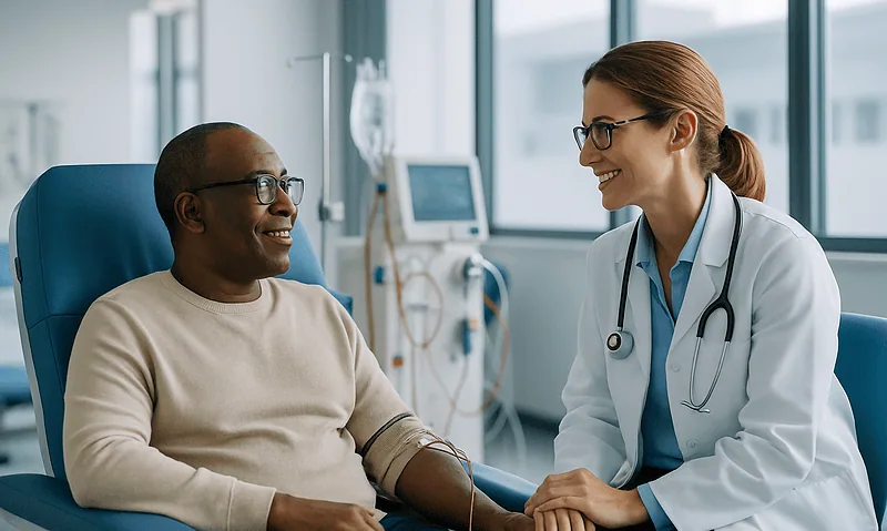 Doctor talking to a patient on dialysis in a hospital room.