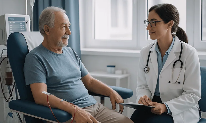 Senior patient receiving dialysis treatment with doctor in hospital.