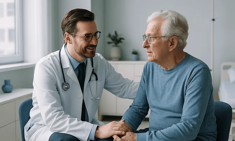 Doctor consulting with elderly patient in a hospital setting.