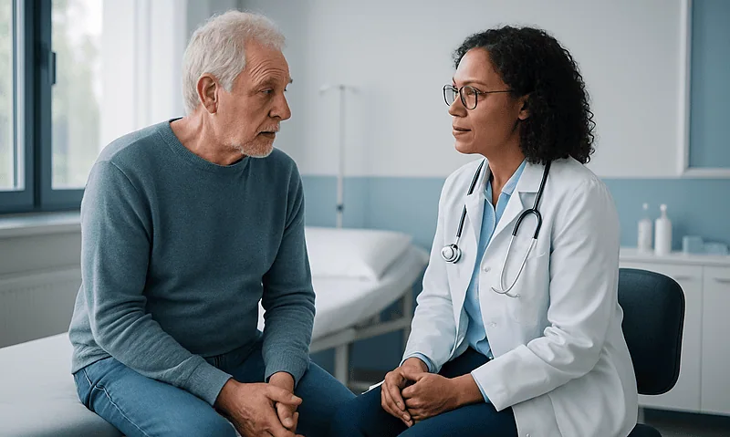 Doctor consulting with elderly male patient in hospital room.
