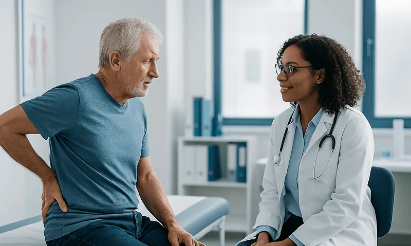 Doctor consulting with an elderly male patient in a medical office.