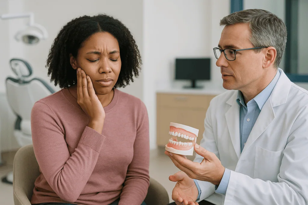 Dentist discussing dental model with patient in clinic: How long should a tooth be sensitive after a filling? What the first