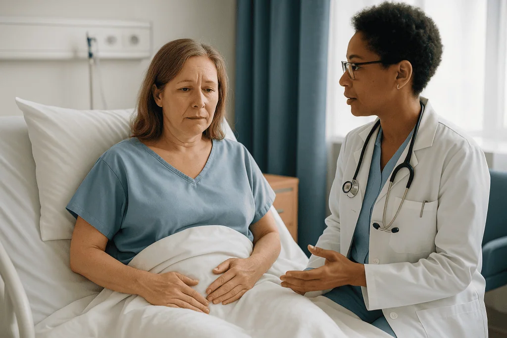 Doctor consulting with patient about abdominal pain — How long should I be in pain after a hysterectomy?