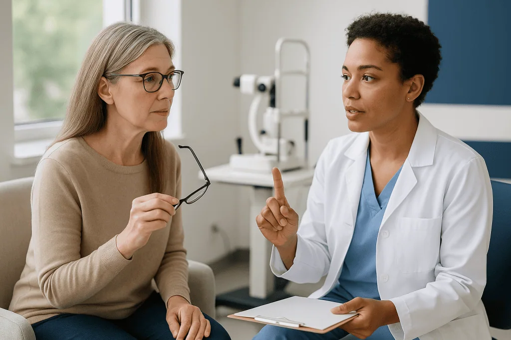 Doctor consulting with patient about eyeglasses in clinic: How long should your prescription be stable before LASIK?