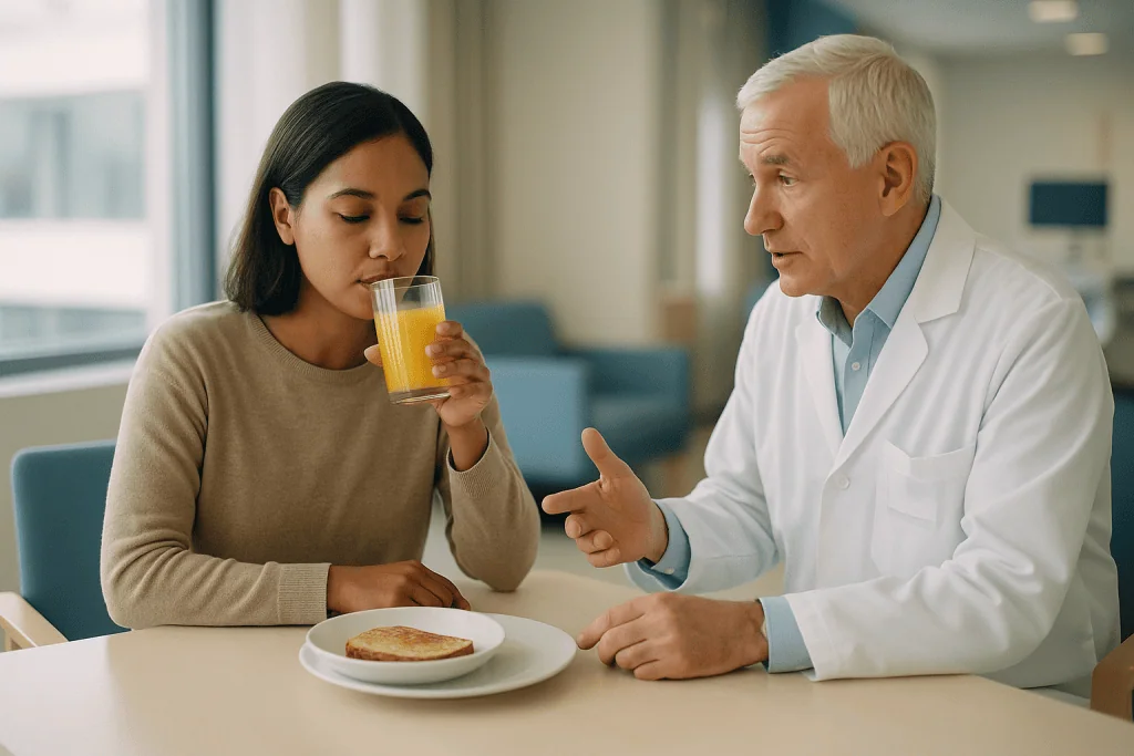 Doctor consulting patient with orange juice and toast: How long the contact lens break usually lasts, by lens type