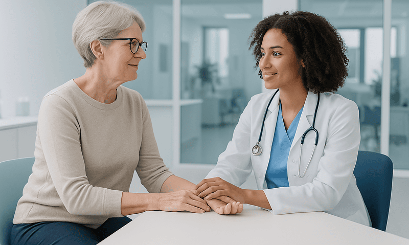 Doctor consulting with an elderly female patient in a modern hospital setting.