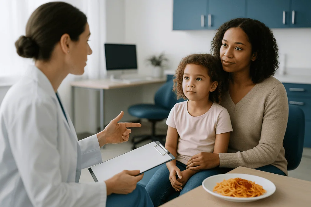 Mother and child in medical consultation with doctor: How long to fast before dental sedation depends on the type of sedatio