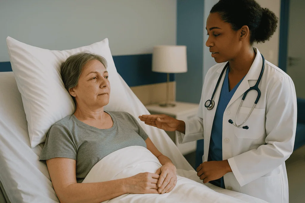 Doctor consulting with patient in hospital bed: How long to sleep elevated after facelift surgery, and why head elevation ma
