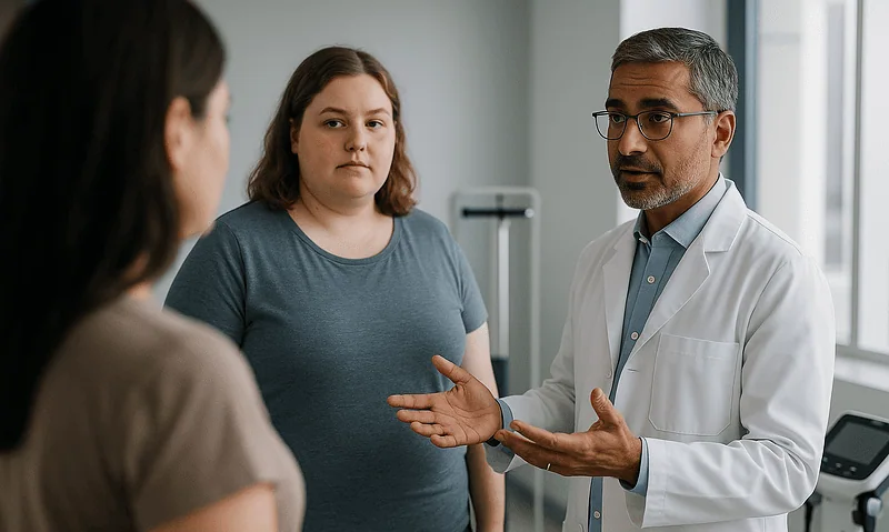 Doctor consulting with two female patients in a medical office.