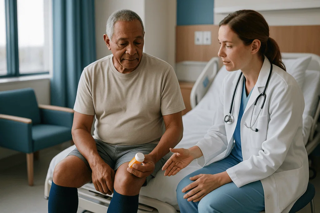 Doctor consulting patient about medication in hospital room: How long to stay on blood thinners after hip replacement
