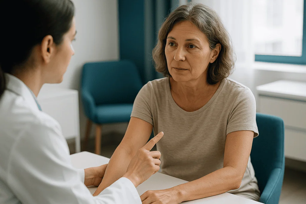 Doctor consulting with middle-aged female patient indoors: How long to stay out of the sun before vascular laser treatment