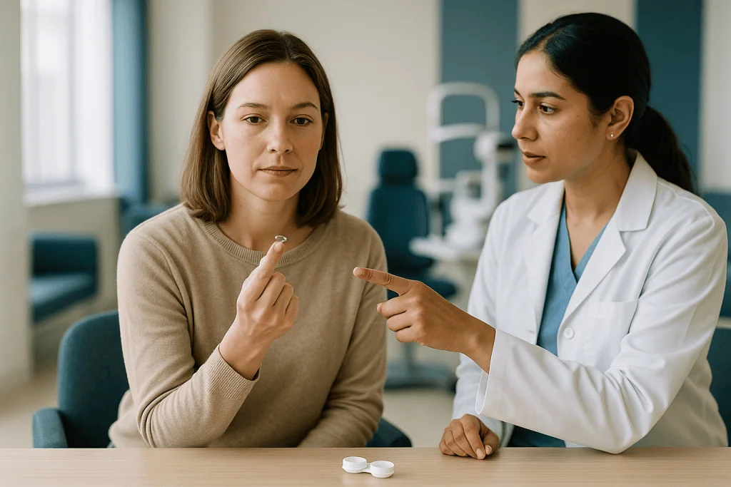 Doctor consulting patient at desk with medication pills: How long to stop wearing contacts before LASEK?