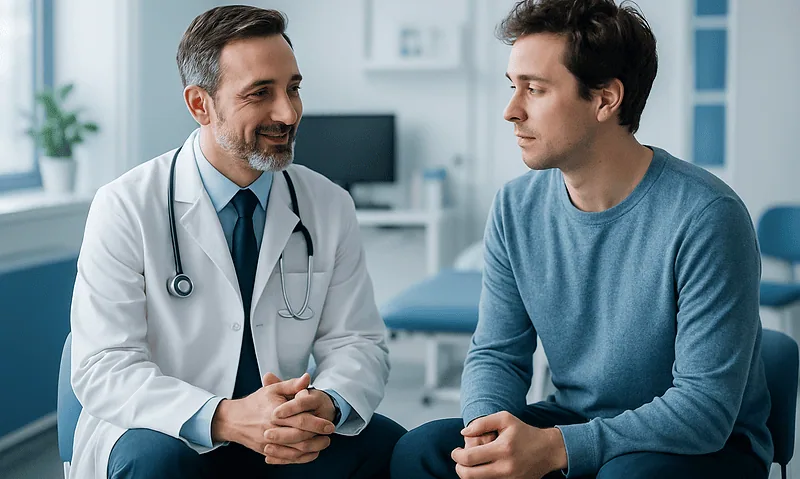Doctor consulting with a patient in a modern medical office.