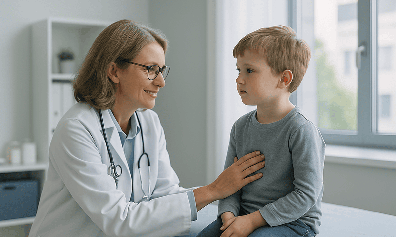 Pediatric doctor examining a young boy in a clinic setting.