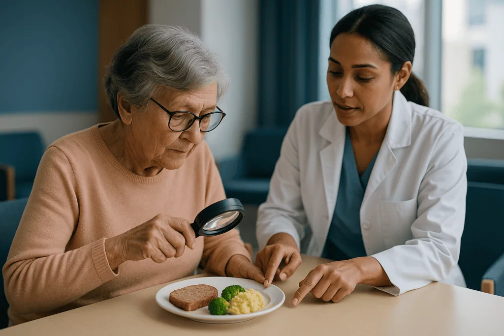 Elderly woman examining food with magnifying glass, healthcare provider observing: How low vision aids training works, step 