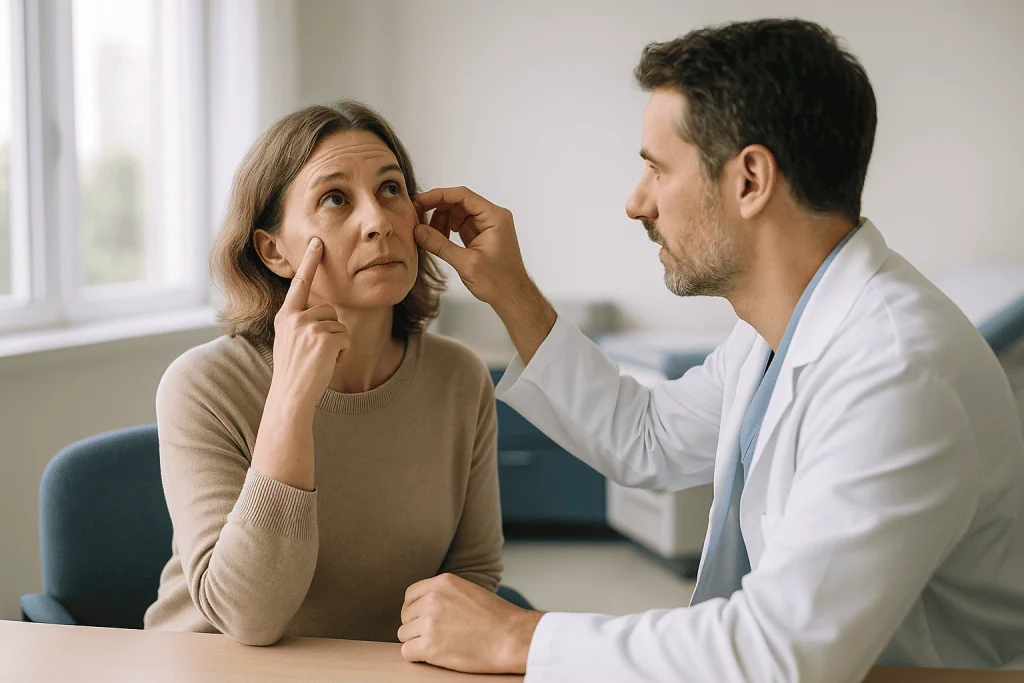 Doctor examining patient's eye area during consultation: How lower blepharoplasty works, and why there are two routes in