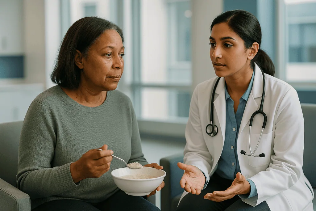 Doctor consulting patient about nutrition or diet: How lung abscess treatment usually begins: antibiotics and patience