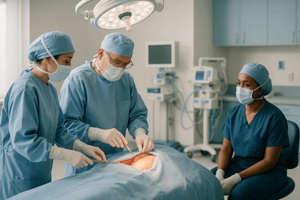 Surgical team performing abdominal surgery in operating room: How lung cancer surgery works: what actually happens in the op