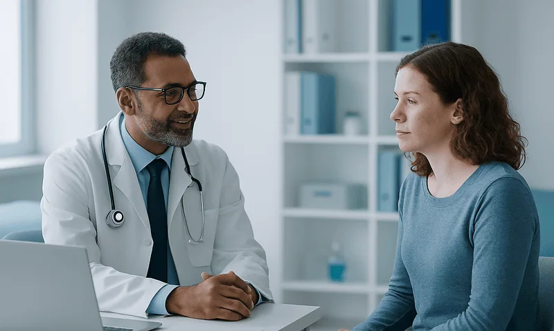 Doctor consulting with a young female patient in a medical office.