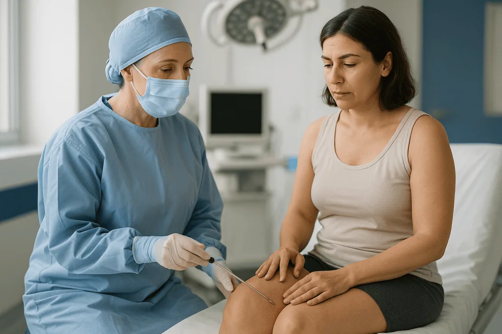 Medical professional examining patient's leg with needle: How lymph sparing liposuction for lipedema works, step by step