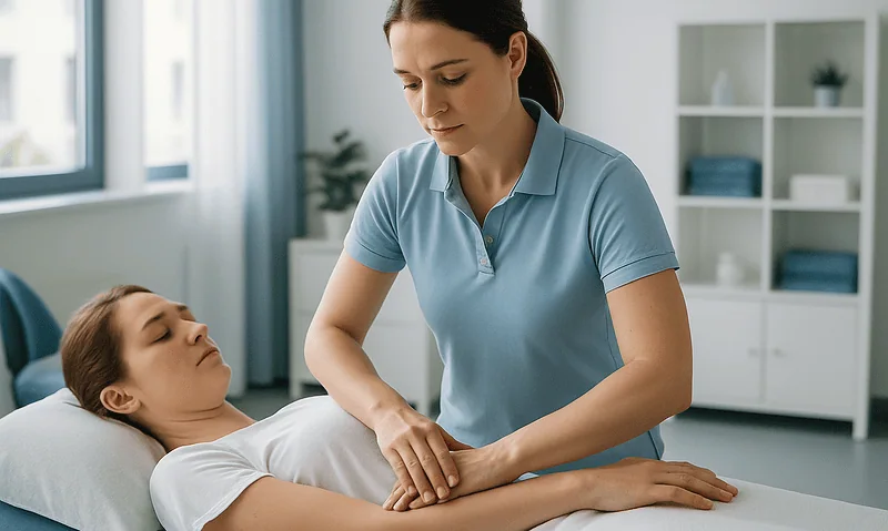 Healthcare professional examining a patient in a clinical setting.
