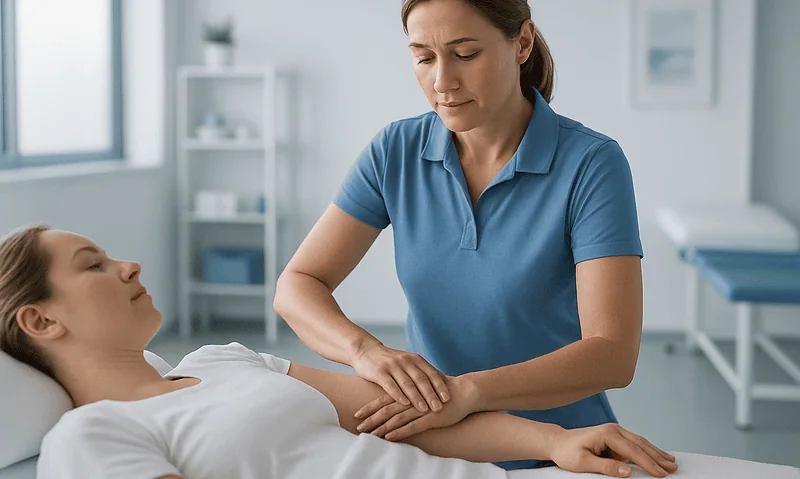 Healthcare professional examining a patient in a clinical setting.