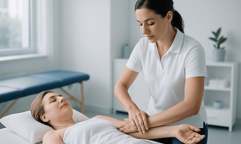 Healthcare professional examining a patient in a clinical setting.