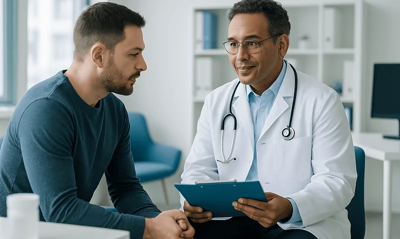 Doctor consulting with male patient about infertility treatment options.