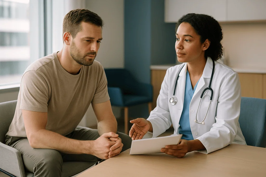 Doctor consulting male patient with tablet in clinic: How male infertility treatment options are actually chosen