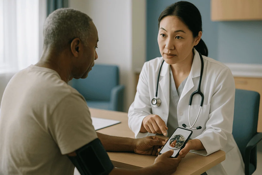 Doctor consulting patient about nutrition on smartphone: How managing cerebrovascular disease day to day actually works