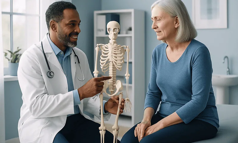 Doctor explaining human skeleton to elderly woman in medical consultation room.