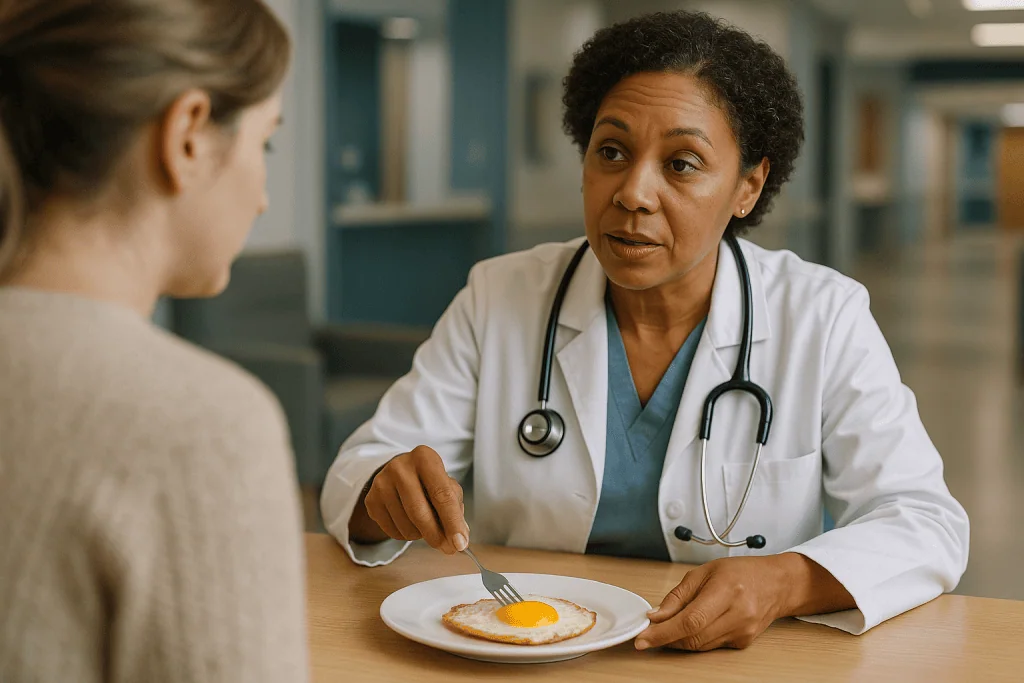 Doctor consulting patient over fried egg on plate — How many calories in a fried egg?